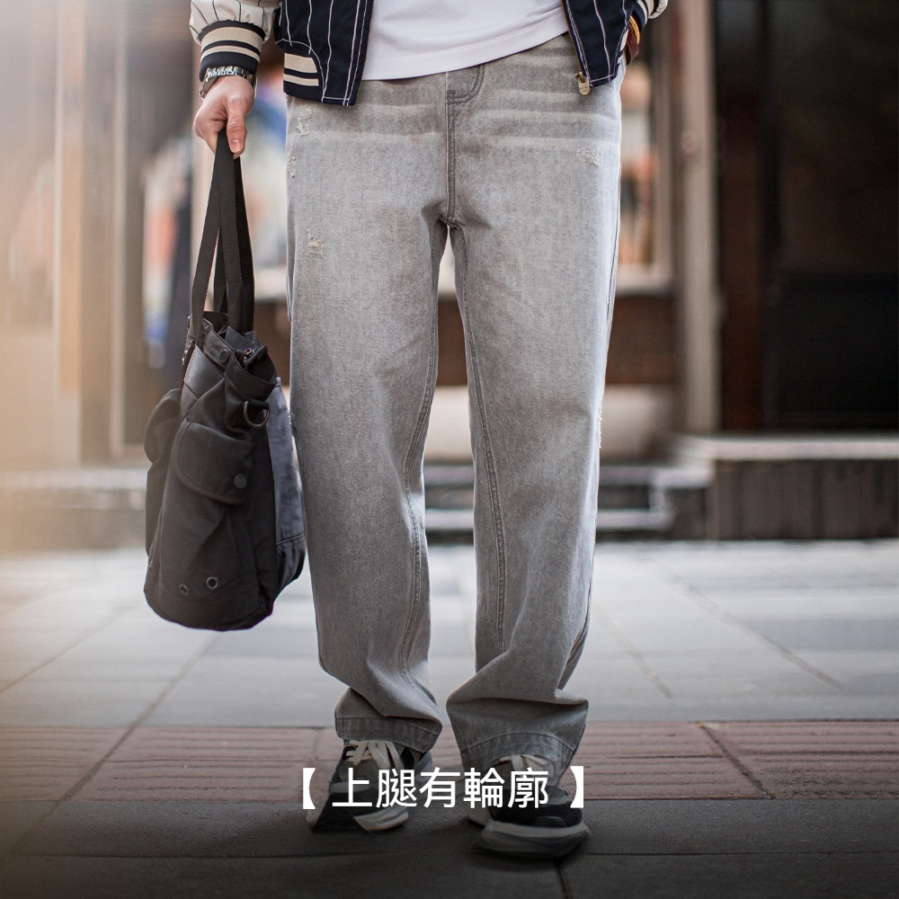 馬登工裝 美式復古水洗做舊格雷系灰牛仔褲破洞猫須伐木直筒褲男春
