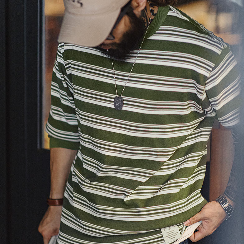 馬登工裝 美式復古撞色條紋長袖T恤羅紋圓領內搭針織打底衫男秋