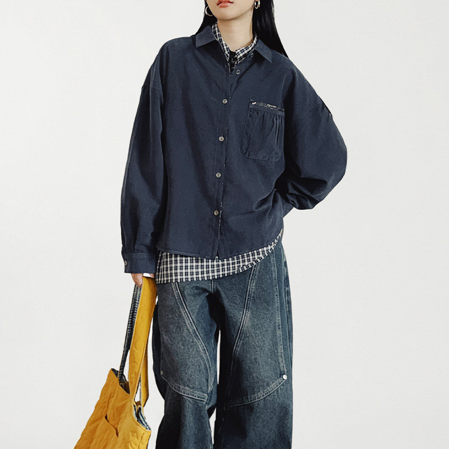 馬登女裝 深藍美式復古桃皮絨翻領襯衫長袖上衣寬鬆外套襯衣女士春