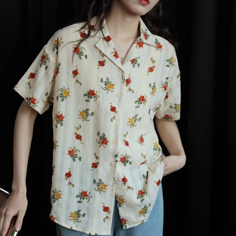 玫瑰花氣質翻領簡約復古港風設計感短袖襯衫女夏季顯瘦上衣