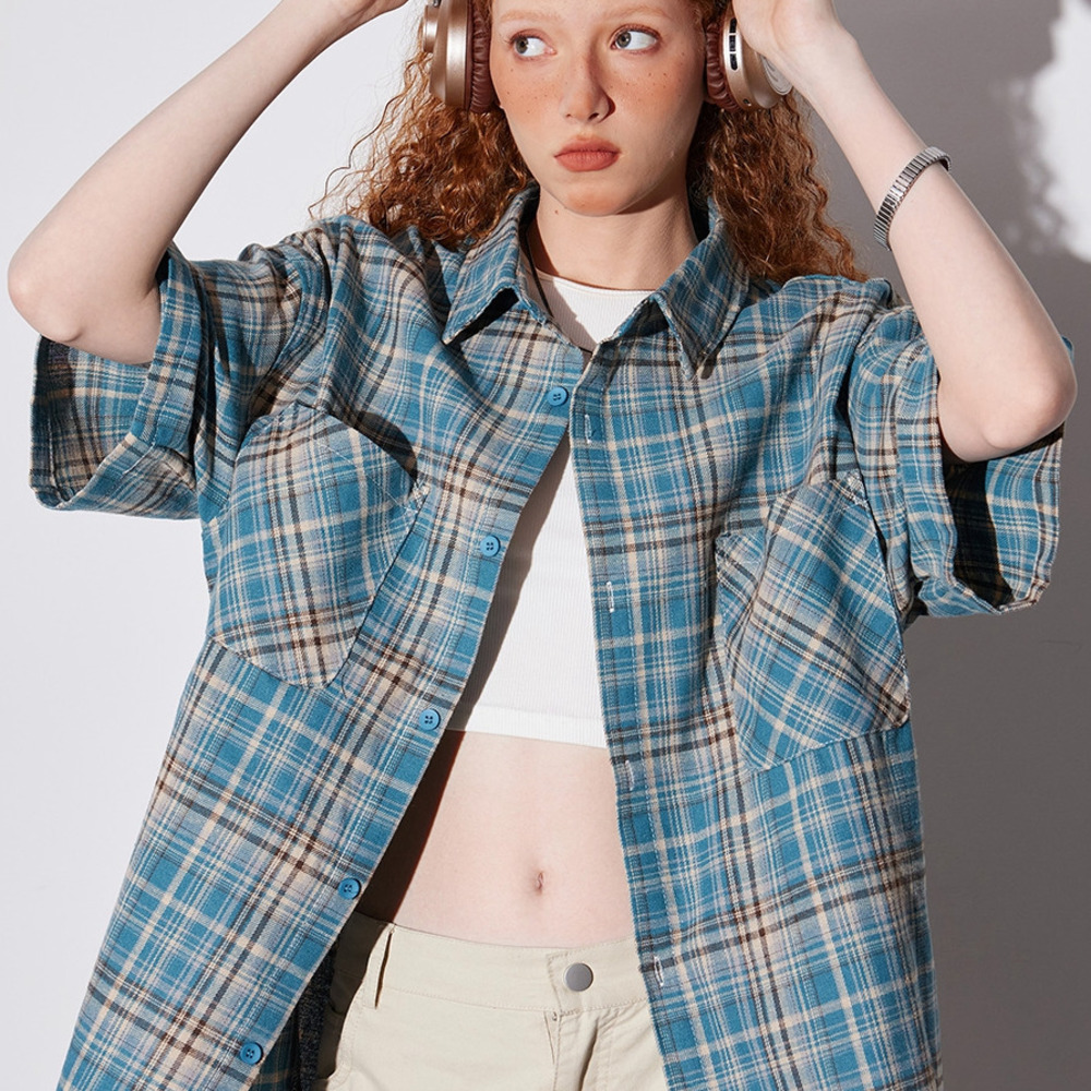 美式復古格子短袖襯衫T恤女夏季寬鬆半袖百搭襯衣潮