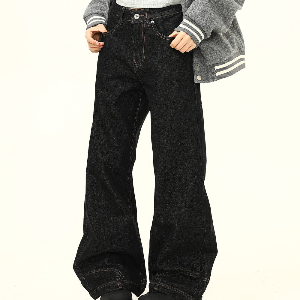 美式復古小眾設計感黑色倒裝牛仔褲寬鬆直筒闊腿反穿長褲