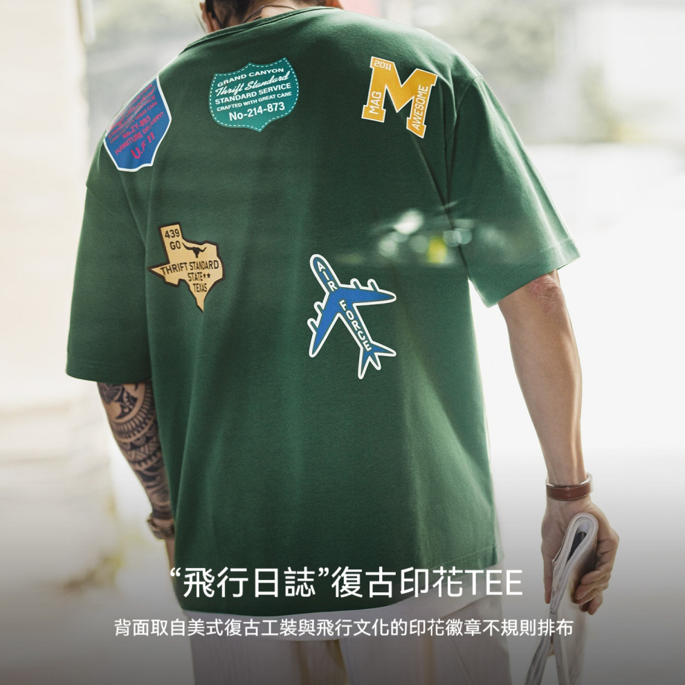 馬登工裝 美式章仔印花T恤綠色小眾圓領正肩設計感短袖上衣