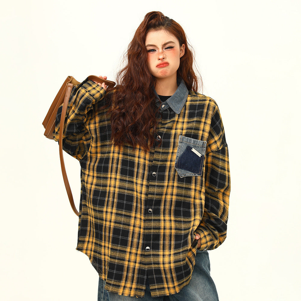 高級感外穿格子襯衫女復古寬鬆百搭早秋黃色格紋襯衣外套