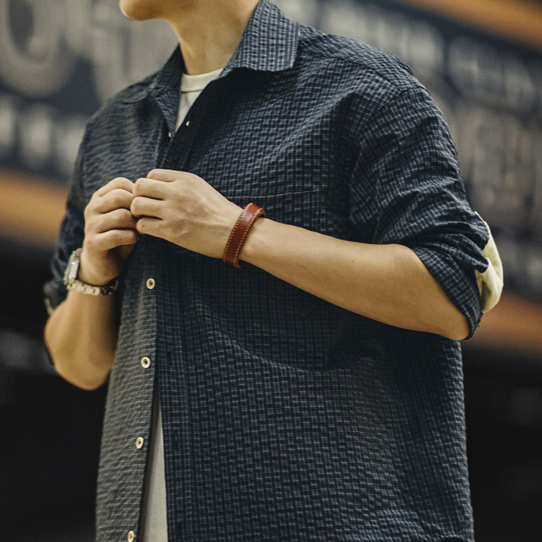 馬登工裝 美式復古泡泡紗格子長袖襯衫肌理感翻領拼接襯衣外套男秋