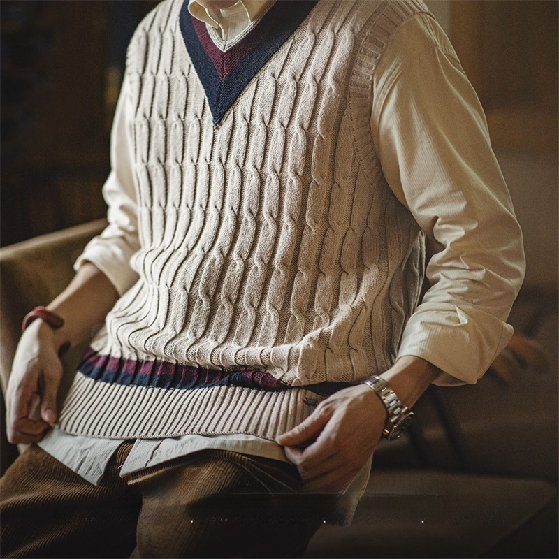 馬登工裝 美式復古IVY針織V領毛衣背心學院風撞色絞花無袖馬甲男秋