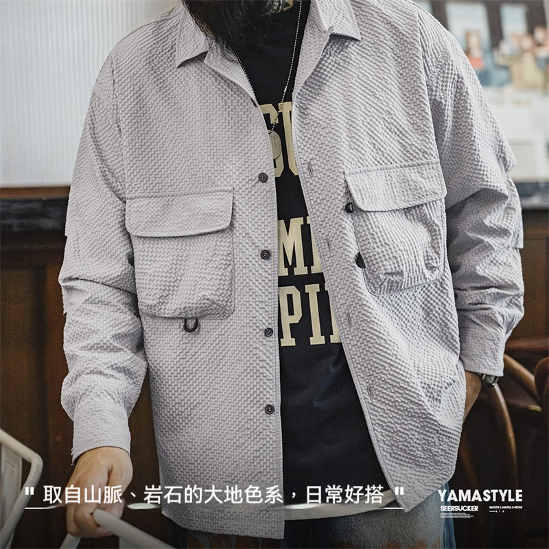 馬登工裝 山系戶外古巴領泡泡紗長袖襯衫免燙抗皺口袋襯衣男秋