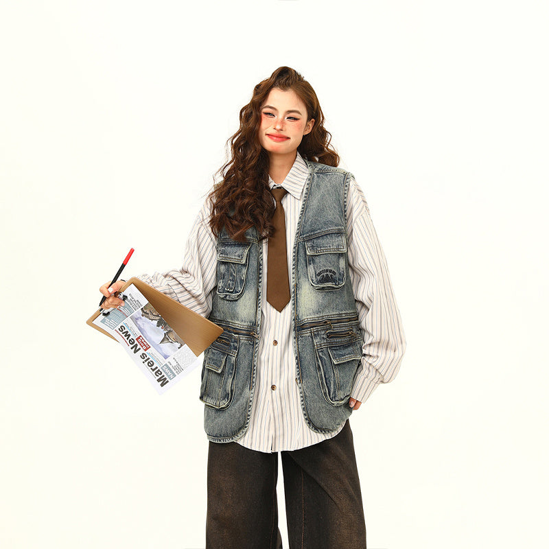 美式復古工裝牛仔馬甲外套設計感BF街頭情侶坎肩馬甲外套