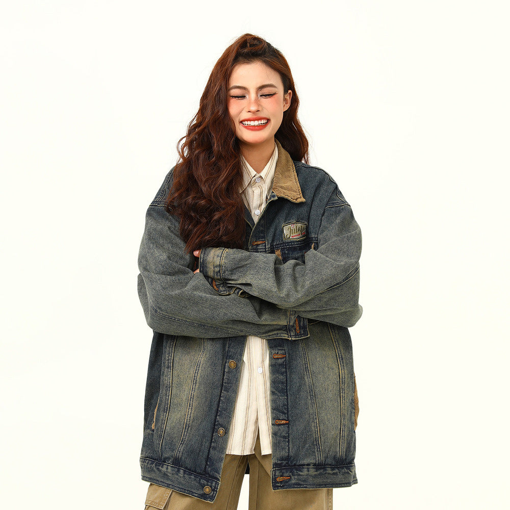 美式復古拼接設計感翻領水洗牛仔外套寬鬆情侶工裝機車夾克