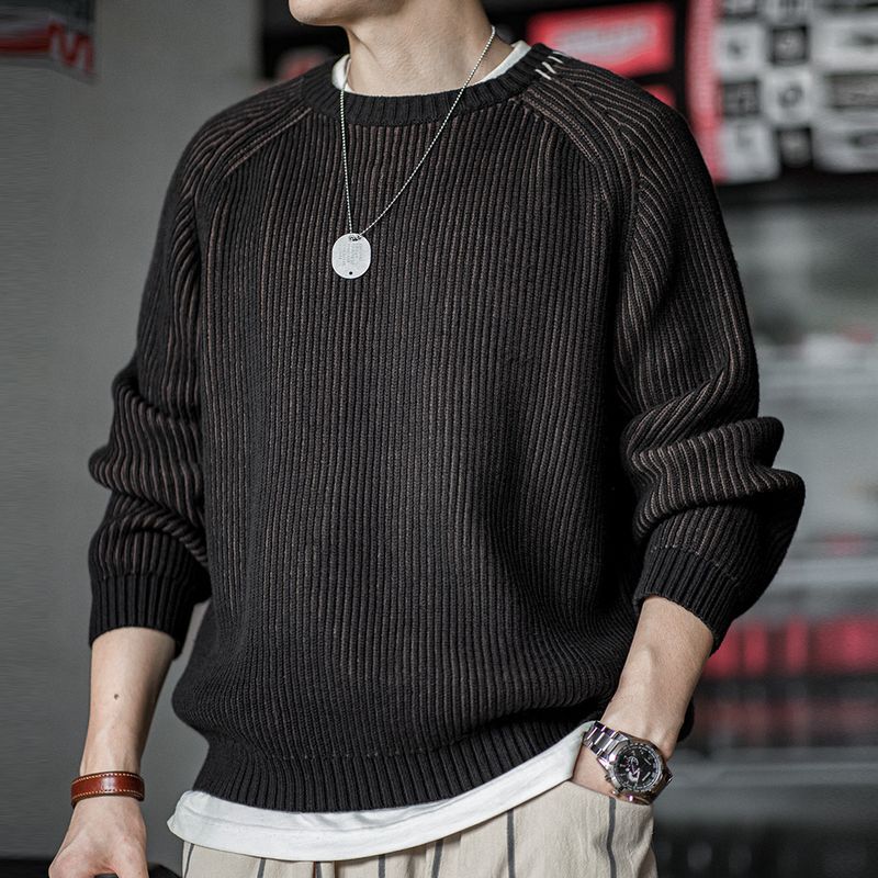 馬登工裝 美式復古豎條紋編織毛衣圓領加厚打底針織衫男秋冬