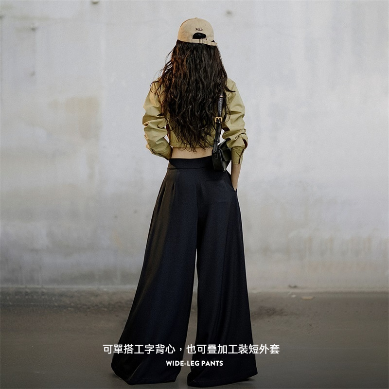 馬登女裝 垂感直筒拖地褲黑色薄款山本褲百搭顯瘦休閒闊腿長褲
