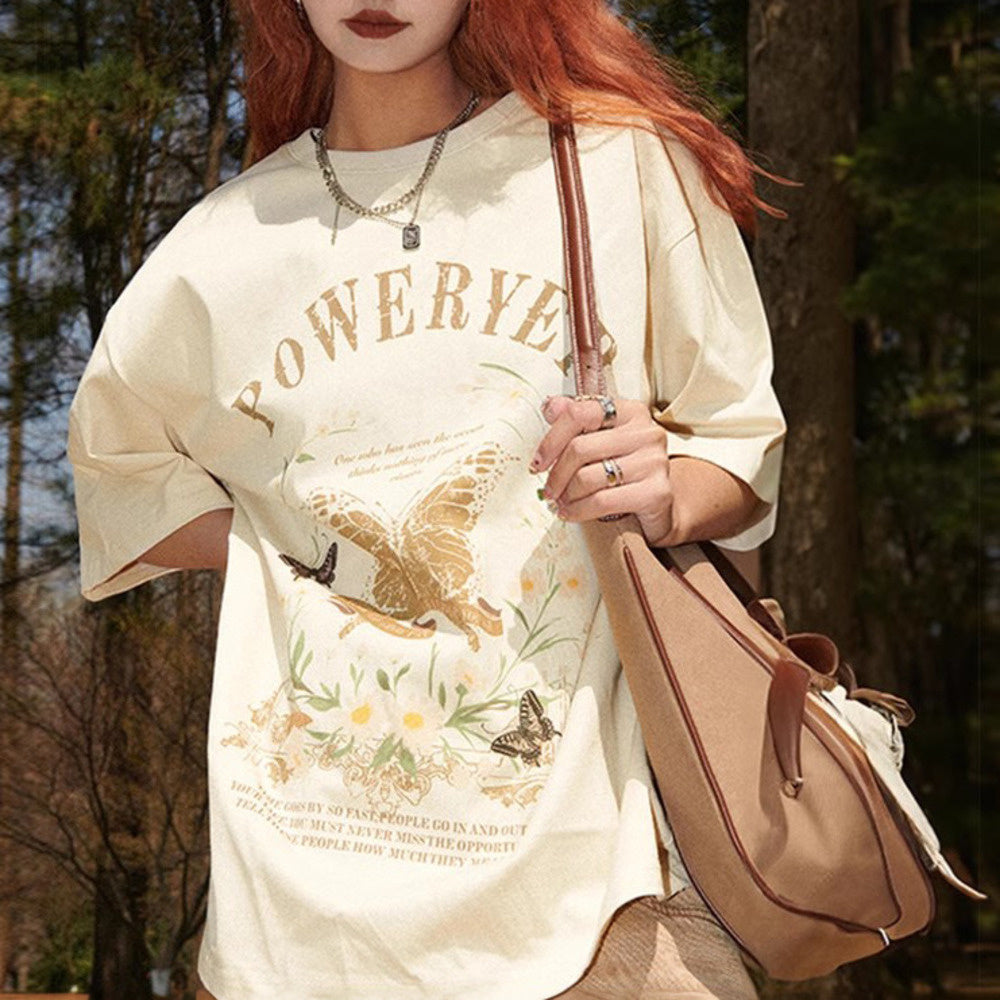 美式復古短袖T恤女潮牌寬鬆上衣設計感小眾純棉情侶T恤