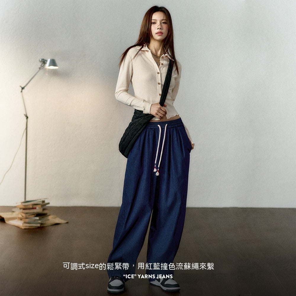 馬登女裝 冰絲牛仔褲鬆緊腰抽繩凉感直筒褲氣質顯瘦長褲