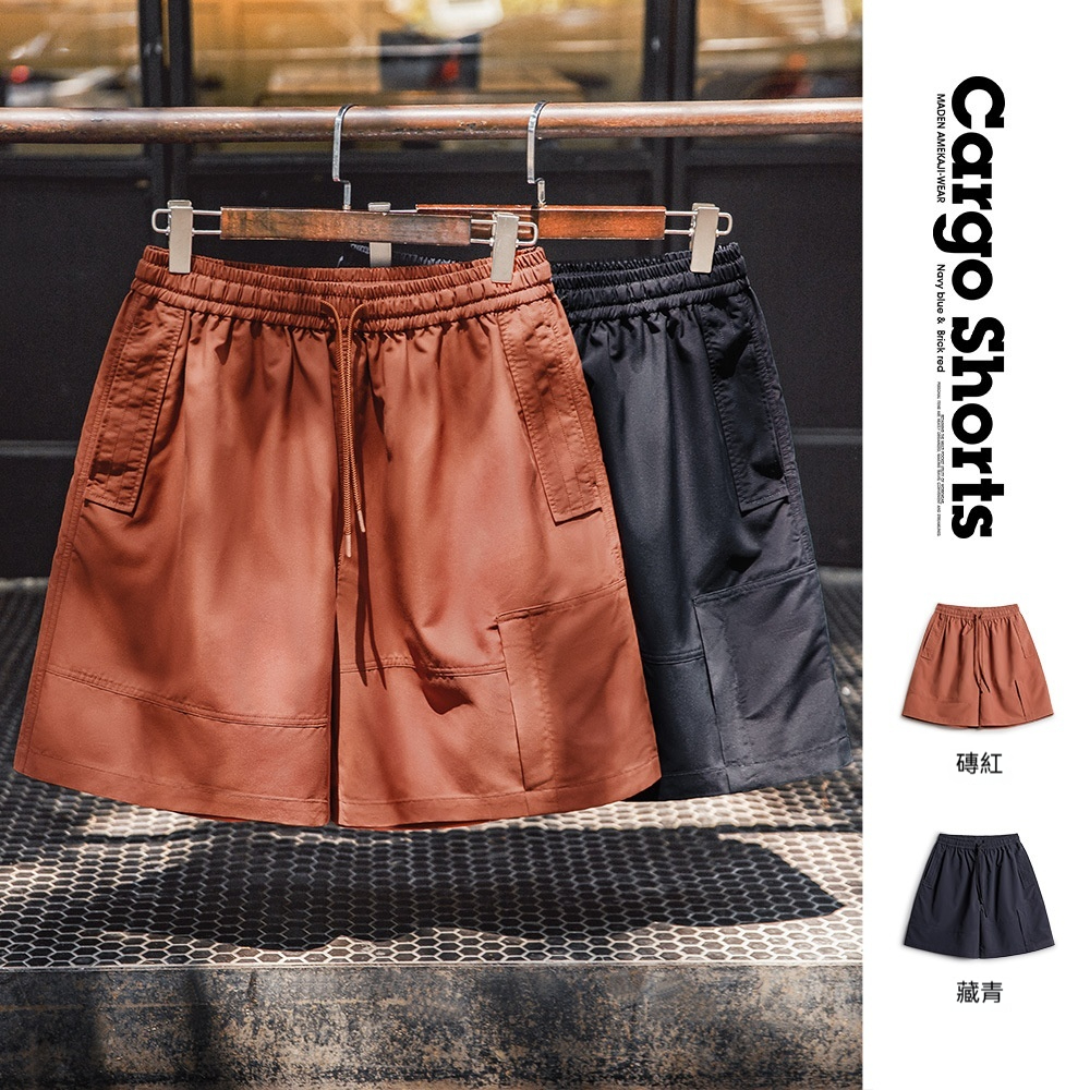 馬登工裝 美式紅色短褲抽繩鬆緊腰直筒寬鬆外穿大口袋五分褲男夏季