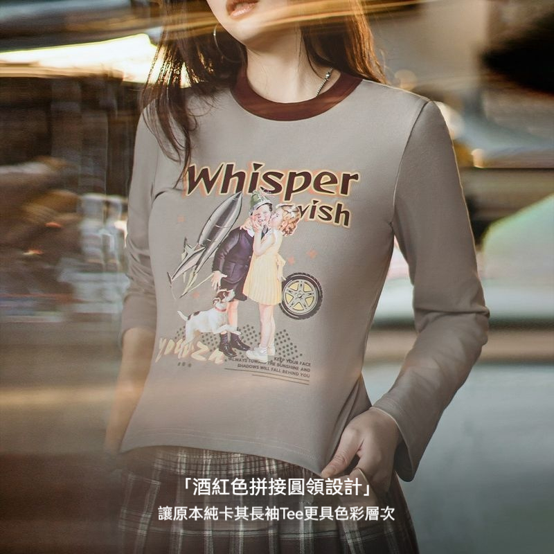 馬登女裝 復古插畫滾邊RingerT恤卡其綠美式機車印花長袖上衣春秋