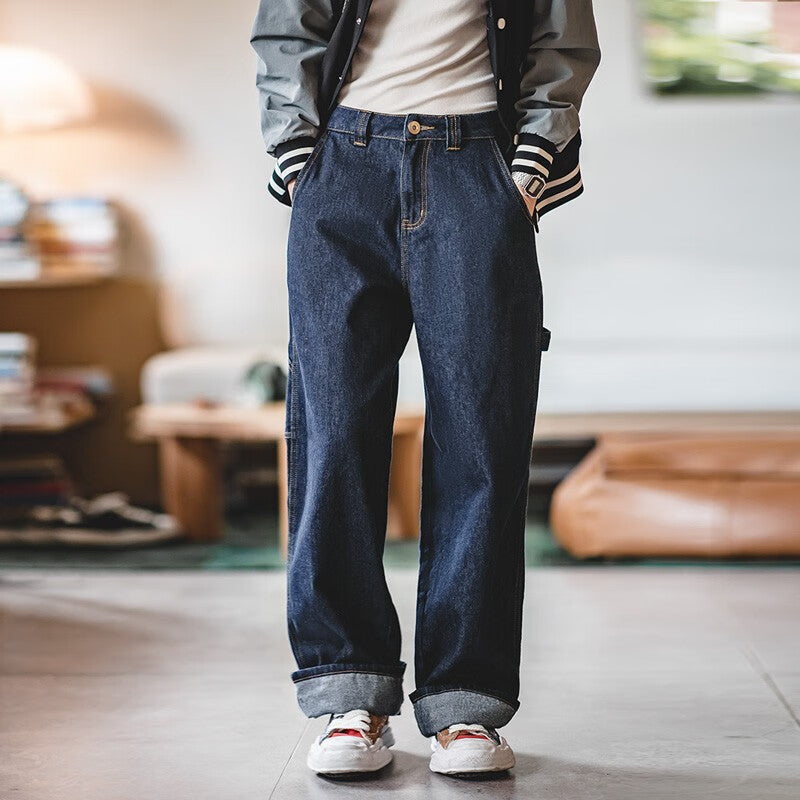 馬登女裝 美式復古工裝褲闊腿拖地丹寧牛仔褲慵懶寬鬆伐木褲