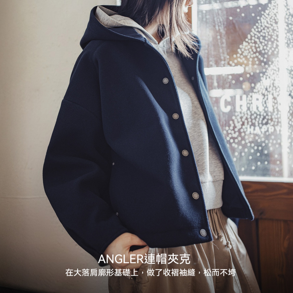 馬登女裝 復古藏青色收腰休閒加厚防風連帽毛呢呢子外套開衫上衣女秋冬