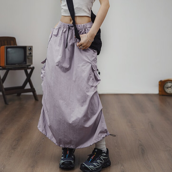 馬登女裝 復古工裝A字裙多口袋綁帶抽褶裙子顯瘦中腰半身長裙