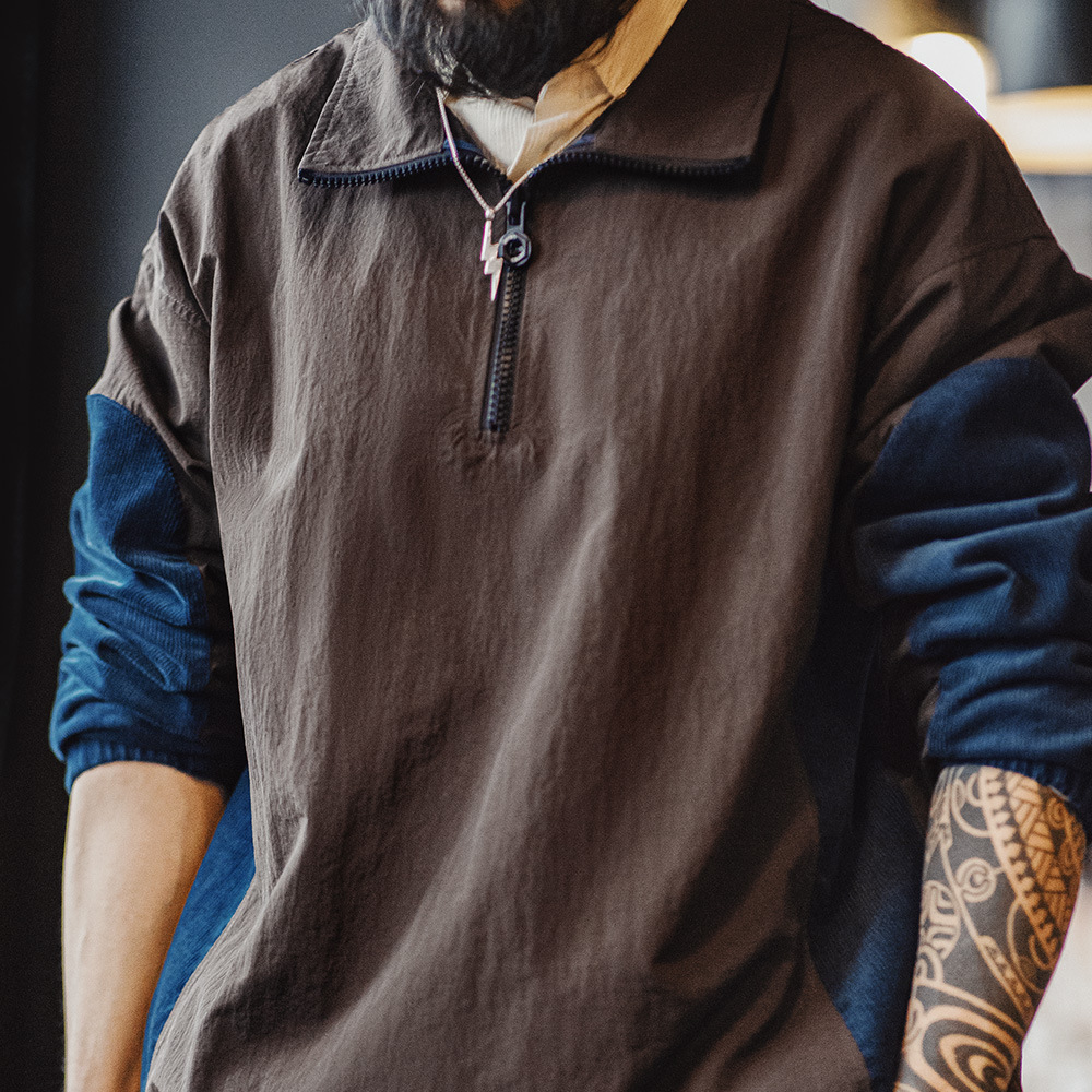 馬登工裝 美式復古拼接半拉鍊夾克翻領撞色戶外燈芯絨褶皺衛衣男春