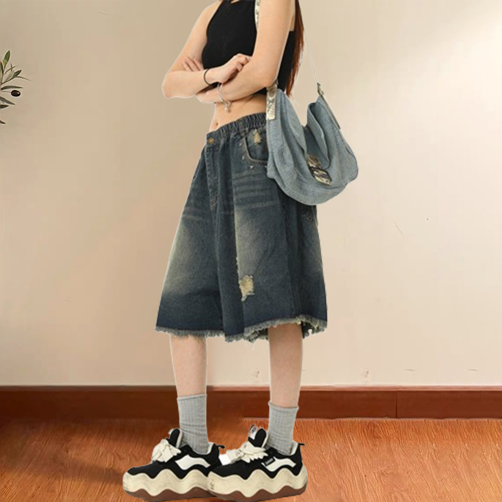 美式復古水洗破洞牛仔短褲女鬆緊腰寬鬆百搭闊腿五分褲