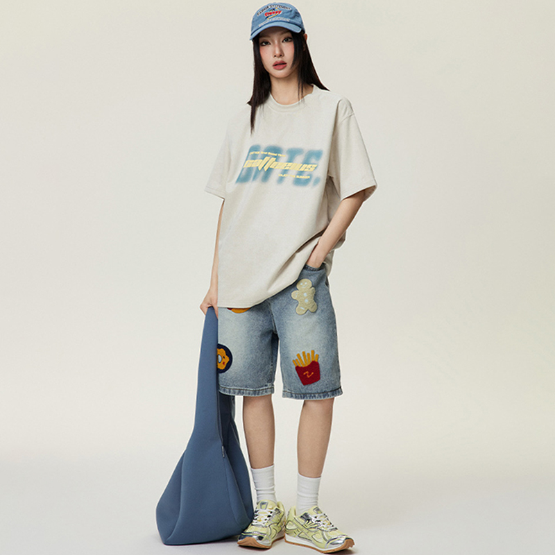 美式街頭做舊創意毛巾繡牛仔短褲男女潮牌高街直筒五分褲