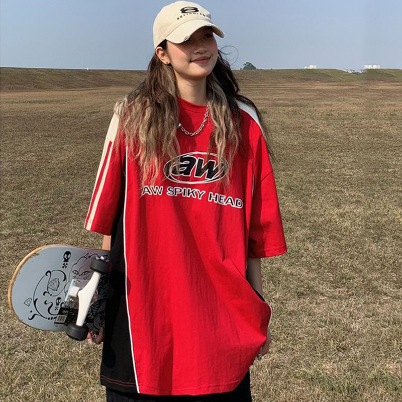 美式運動拼接短袖T恤女寬鬆純棉ins街潮字母情侶Tee