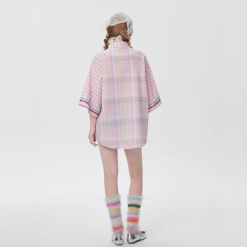 美式復古拼接粉色格子設計感短袖襯衫女寬鬆襯衣外套