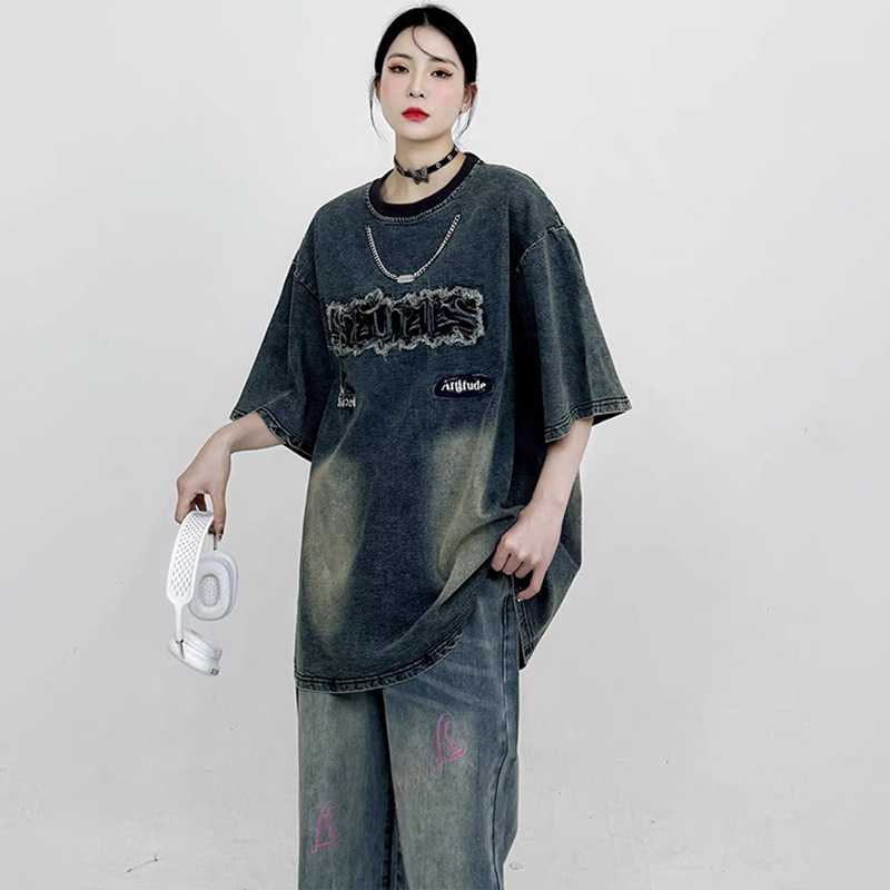美式復古貼布繡水洗做舊牛仔T恤小眾鏈條設計感寬鬆情侶上衣