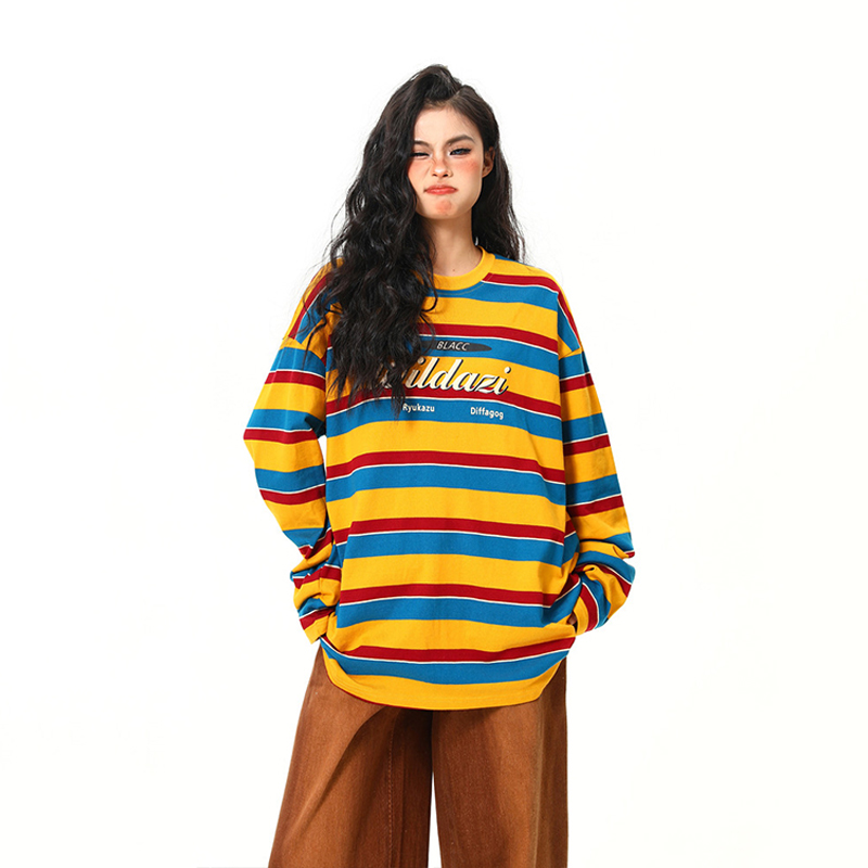 美式復古彩虹條紋長袖衛衣T恤女撞色氛圍感秋季寬鬆上衣