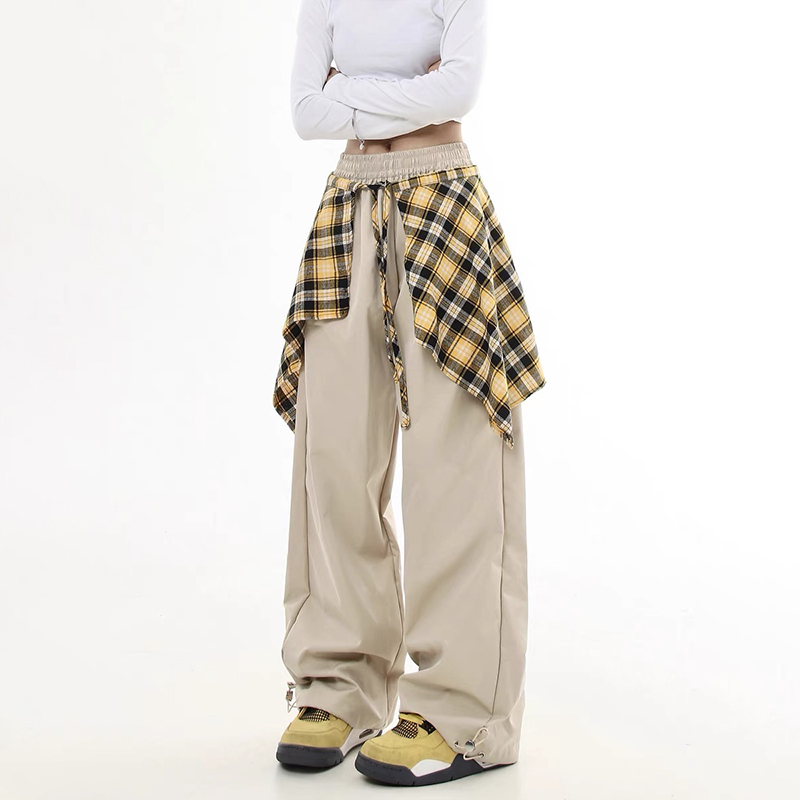 美式復古可拆卸格子裙擺休閑褲男女直筒Hiphop街舞褲子