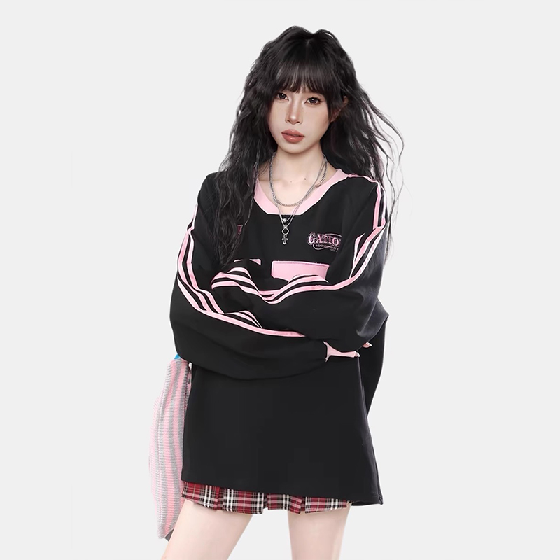 粉色多巴胺正肩V領寬鬆長袖衛衣春秋套頭運動上衣情侶