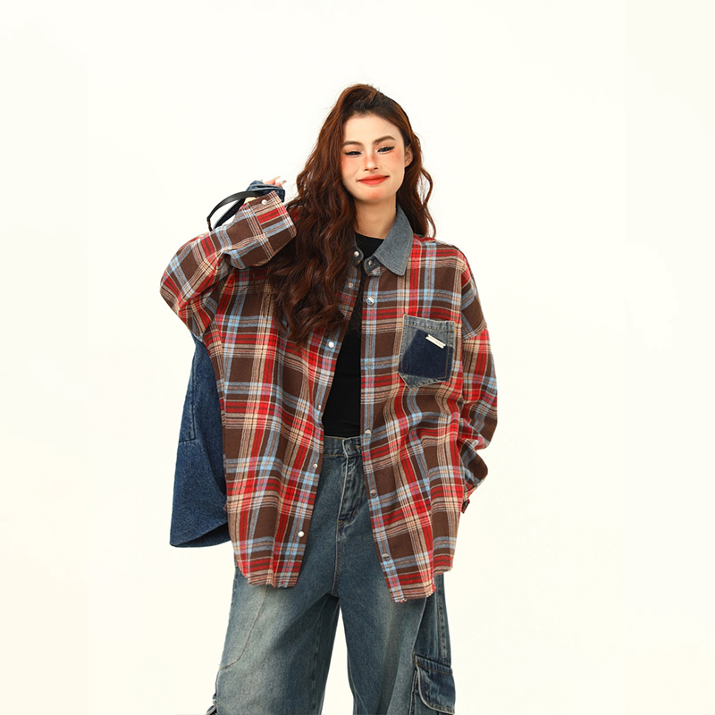 高級感外穿格子襯衫女復古寬鬆百搭早秋黃色格紋襯衣外套