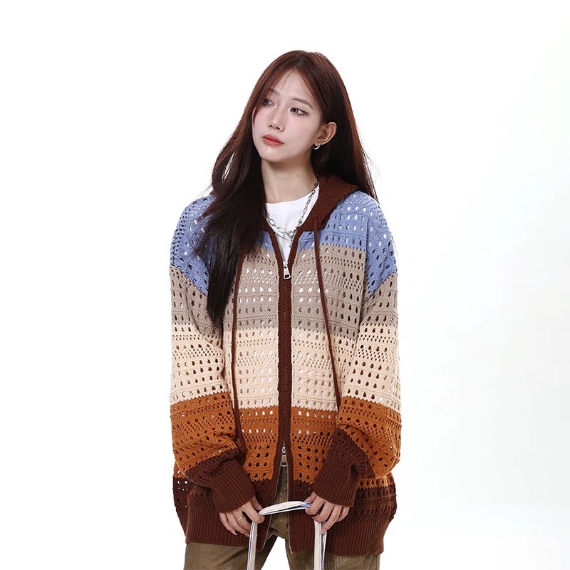 美式復古彩色條紋針織鏤空連帽開衫撞色氛圍感毛衣外套