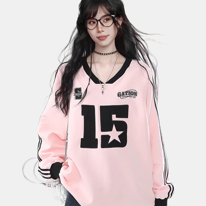 粉色多巴胺正肩V領寬鬆長袖衛衣春秋套頭運動上衣情侶