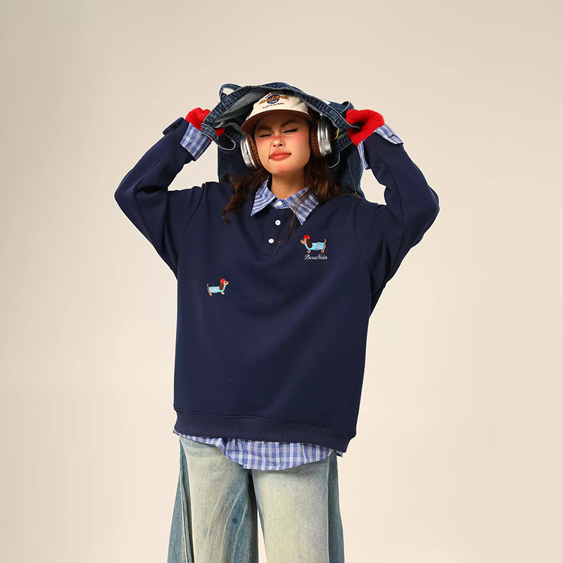 美式復古格紋拼接Polo領加絨衛衣學院風襯衫拼接假兩件情侶套頭上衣