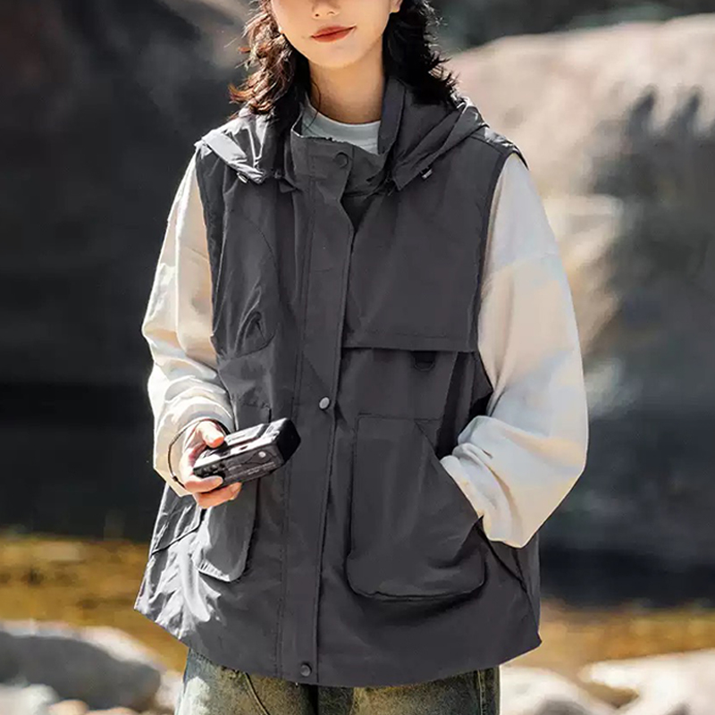 山系戶外機能馬甲潮流女生復古連帽多口袋無袖坎肩寬鬆工裝馬甲