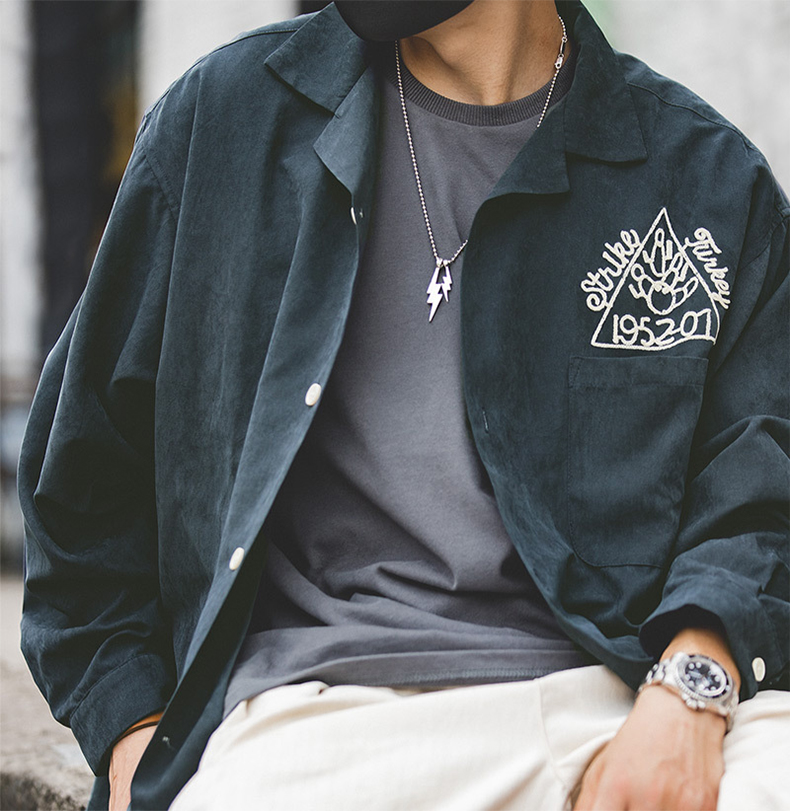 馬登工裝 美式復古桃皮絨磨毛襯衫寬鬆翻領保齡球刺繡襯衫男潮