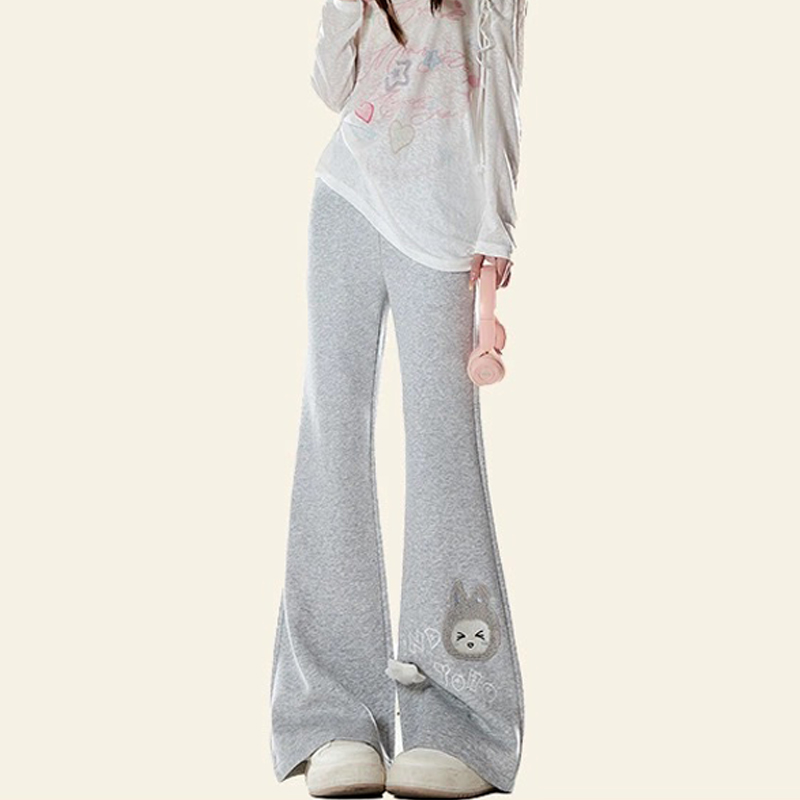 美式復古甜美可愛貼布繡休閒衛褲修身微喇舒適寬鬆闊腿喇叭褲