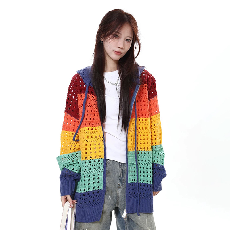 美式復古彩色條紋針織鏤空連帽開衫撞色氛圍感毛衣外套