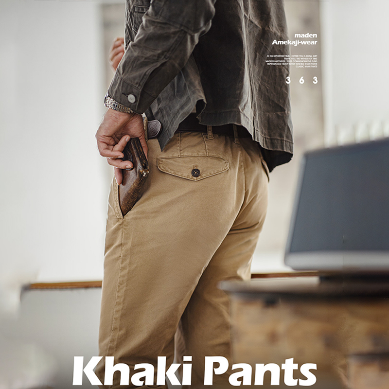 馬登工裝 美式復古重磅卡其休閒褲阿美咔嘰斜紋純棉顯瘦直筒褲男秋