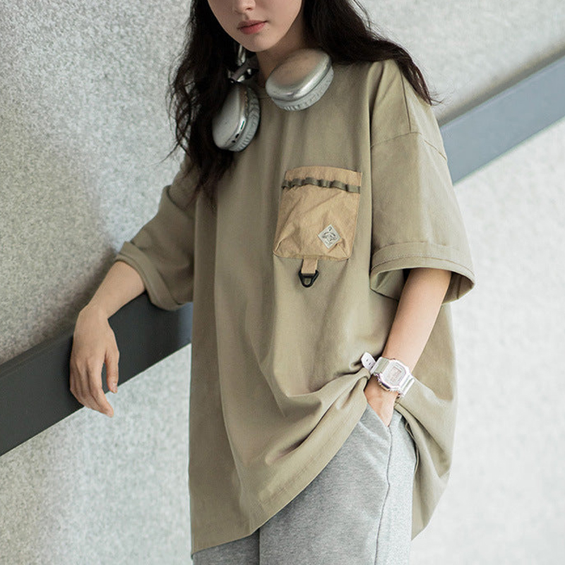 馬登女裝 美式休閑戶外機能風短袖T恤撞色口袋拼接體恤夏季純棉Tee