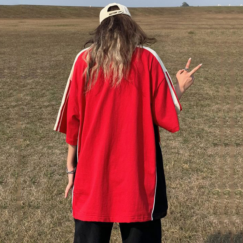 美式運動拼接短袖T恤女寬鬆純棉ins街潮字母情侶Tee