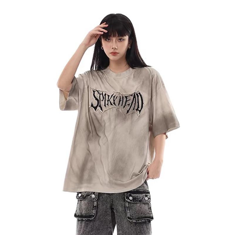 美式復古水洗髒染做舊貼布繡短袖T恤髒髒刺繡寬鬆情侶半袖上衣