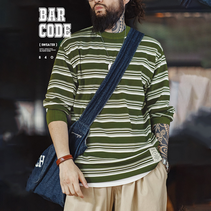 馬登工裝 美式復古撞色條紋長袖T恤羅紋圓領內搭針織打底衫男秋
