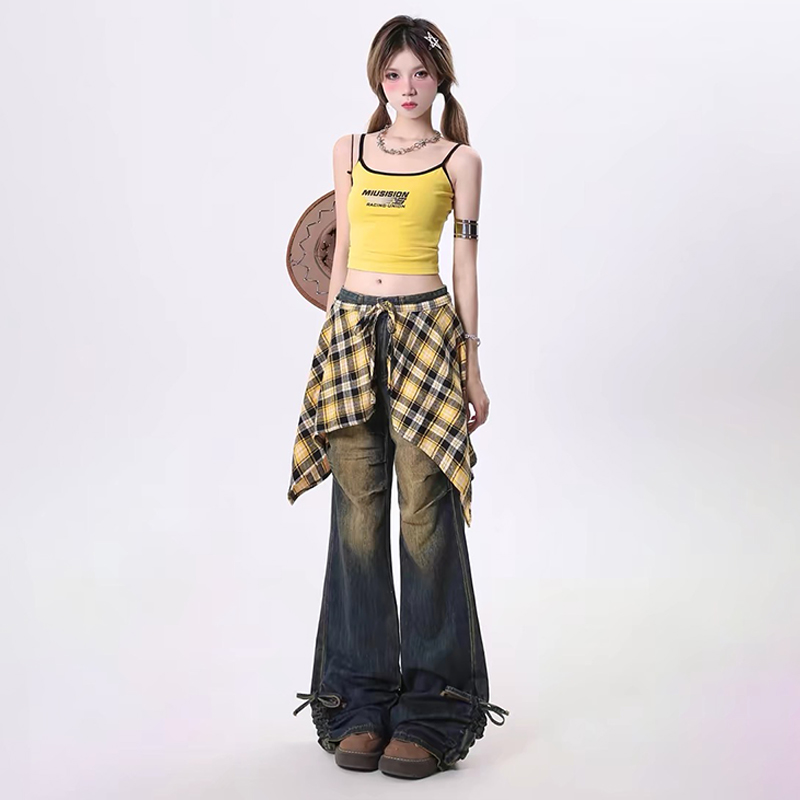 美式復古褶皺做舊設計感辣妹裙擺可拆卸外搭休閒微喇長褲牛仔褲秋季