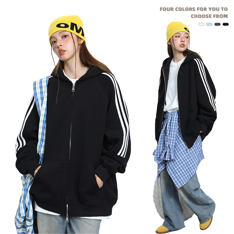 美式重磅潮牌三條槓條紋連帽衛衣外套春秋百搭休閒情侶套裝