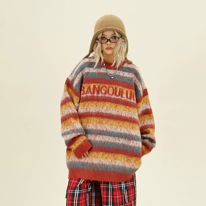 美式復古彩色條紋設計感毛衣寬鬆慵懶風套頭針織毛衣