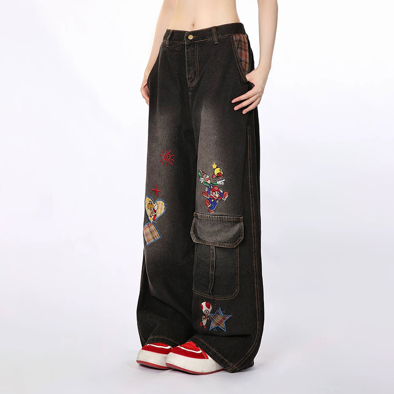 美式復古趣味圖案刺繡做舊牛仔長褲設計感小眾直筒情侶牛仔褲