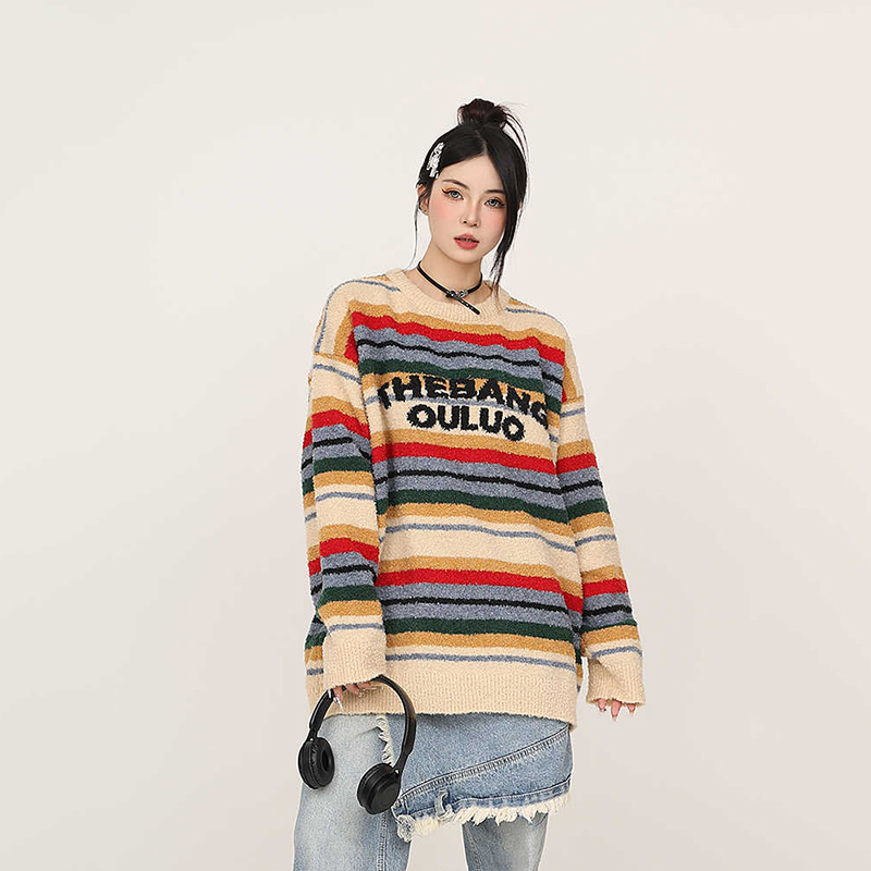 美式復古彩色條紋秋冬加厚針織衫寬鬆設計感慵懶風情侶毛衣