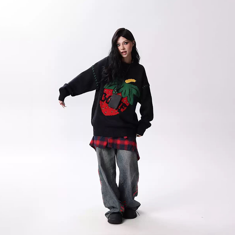 美式甜酷草莓提花針織衫慵懶風軟糯寬鬆情侶毛衣